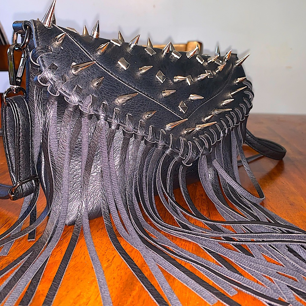 Specially made Hobo leather fringe crossbody purse with tassels & spikes